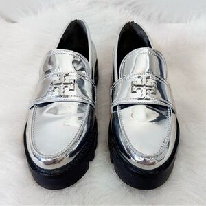 Tory Burch Classic Lug Sole Logo Silver Mirror Loafers 7